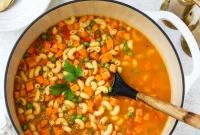 Hearty Sweet Potato and Pea Pasta Soup