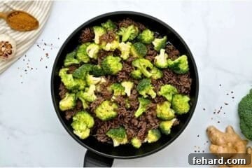 Browned beef in skillet with fresh broccoli florets and beef broth added in. pan