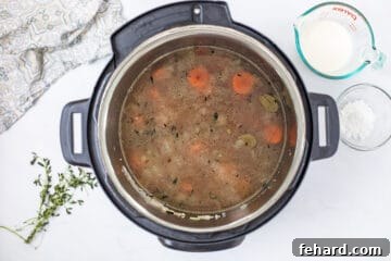Broth, wild rice, sauteed veggies and herbs for wild rice soup layered inside Inner pot of pressure cooker before pressure cooking.