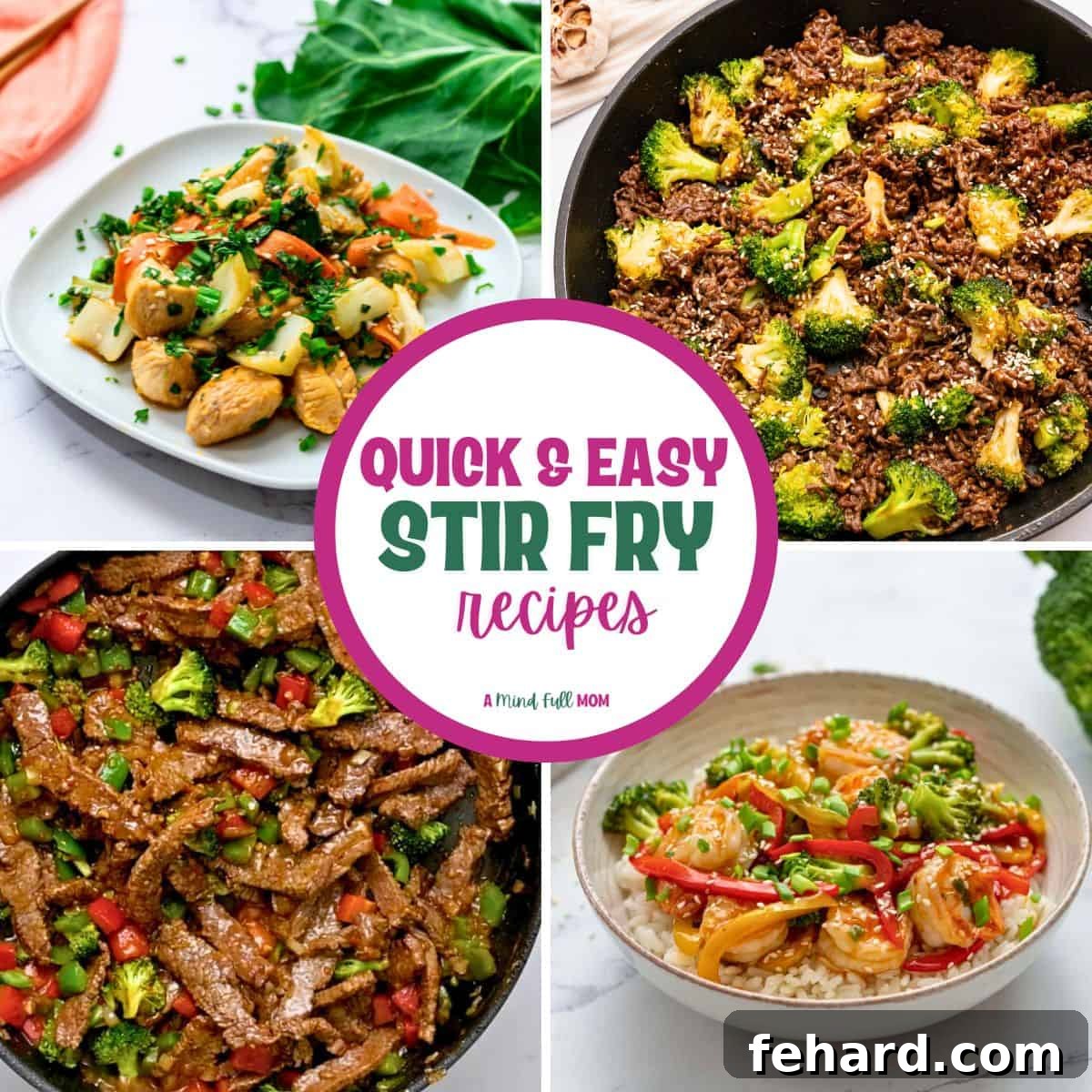 A vibrant collage showcasing various quick and easy stir fry dishes, including beef, chicken, shrimp, and colorful vegetable options. Text overlay reads 'Quick and Easy Stir Fries' emphasizing the speed and simplicity of these recipes.