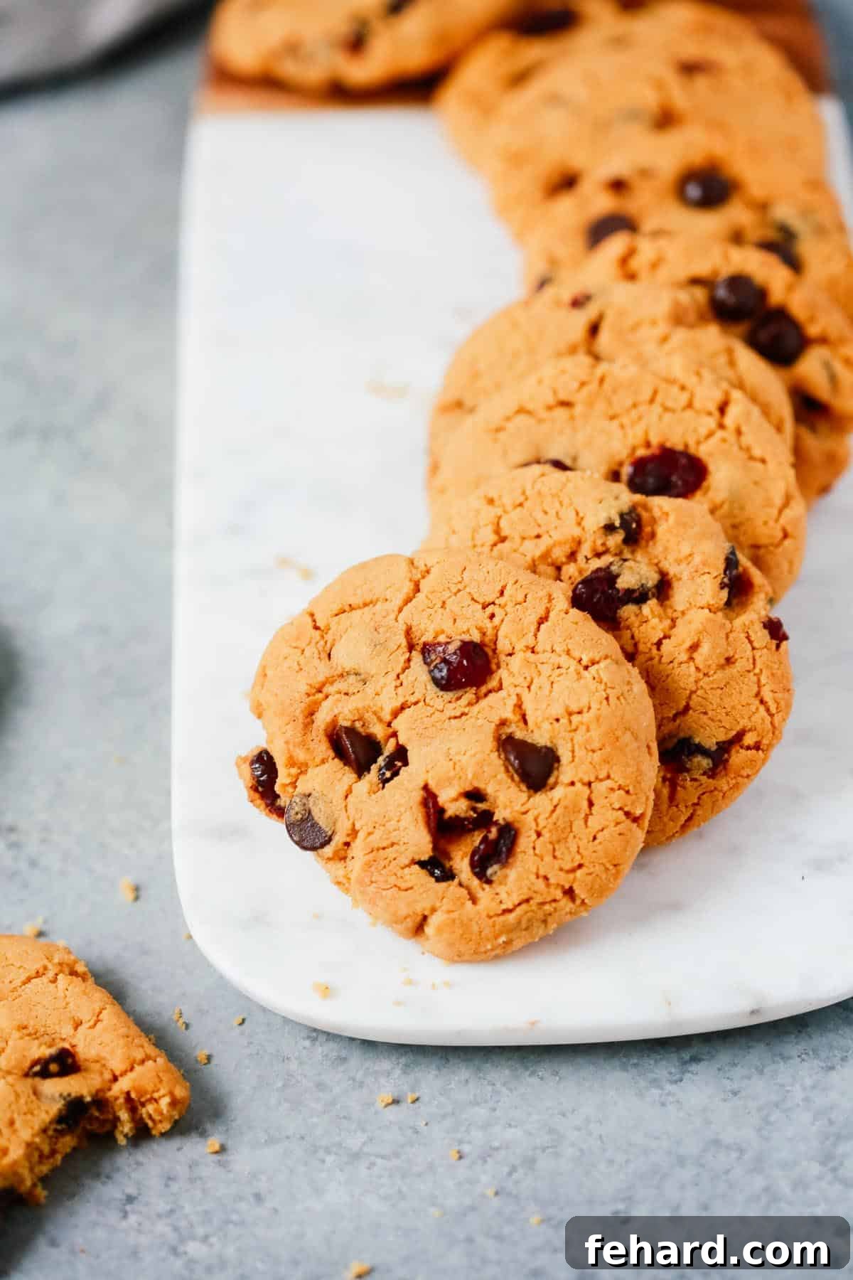 Crimson and Cocoa Delights 3 A row of chocolate chip cookies with cranberries in a row on a marble serving board.