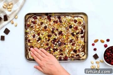 Hand gently pressing toasted nuts and dried cranberries onto marbled chocolate bark.
