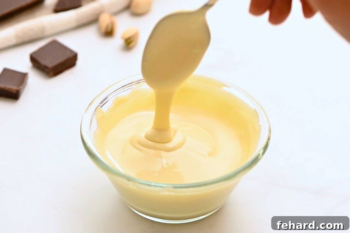 A pristine swirl of melted white chocolate gracefully drizzles from a spoon, illustrating the perfect consistency for marbled bark designs.