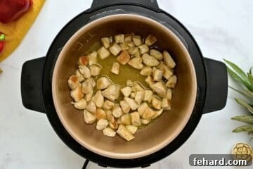 Seared chicken after adding chicken stock to deglaze inner pot for Instant Pot Sweet and Sour Chicken.