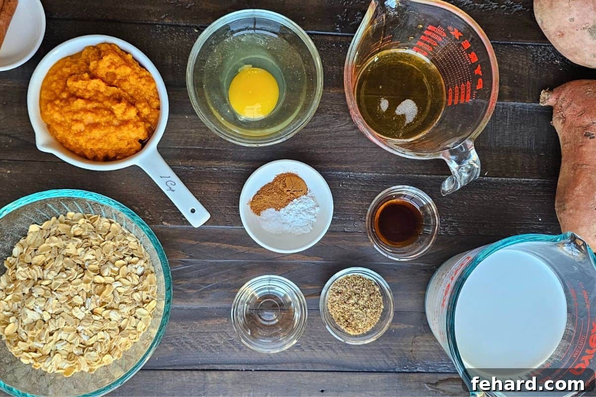 Oats, maple syrup, milk, egg, flax, spices, and sweet potato puree on counter to make sweet potato oatmeal.