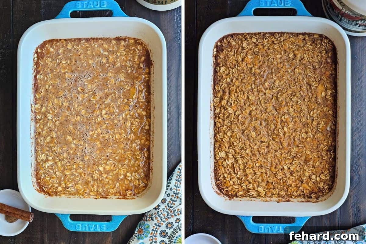 Side by side photos of baking dish with sweet potato oatmeal before and after baking.