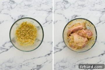 Side by side photo showing bowl with mustard and oil mixture and then chicken tossed in the marinade.