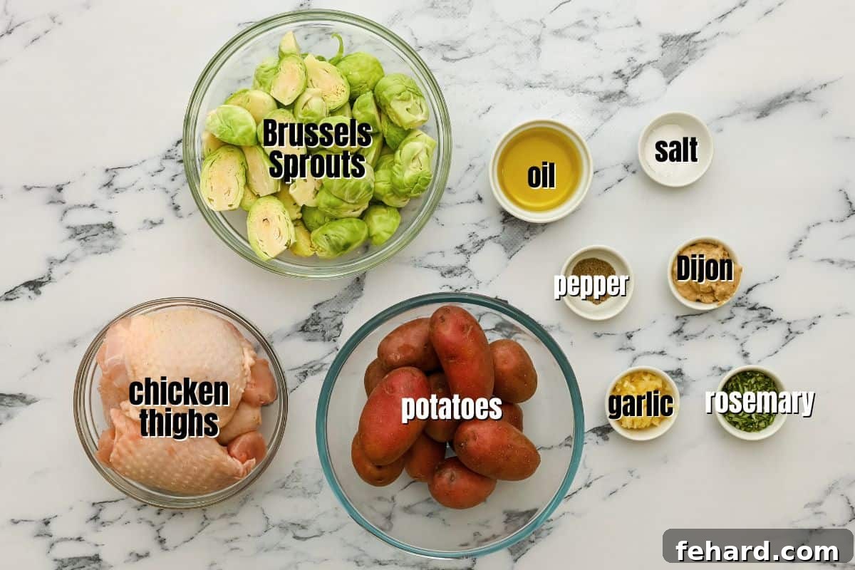 ingredients for sheet pan chicken and vegetables labeled on counter. Fresh chicken thighs, baby red potatoes, Brussels sprouts, olive oil, Dijon mustard, garlic, and rosemary.