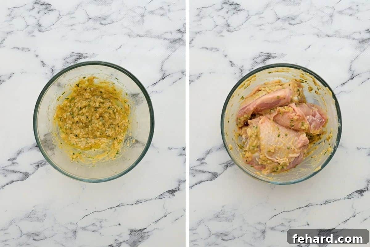 Side by side photo showing bowl with mustard and oil mixture and then chicken tossed in the marinade. Illustrates the seasoning process for juicy chicken thighs.