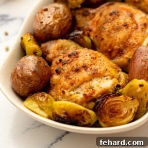 Sheet pan chicken thighs with potatoes and vegetables on white dish.