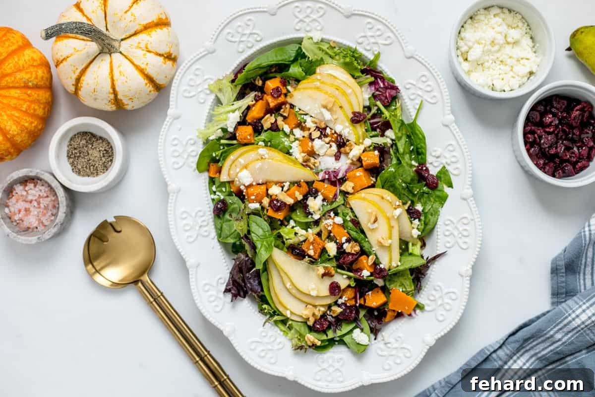 A stunning fall salad presented on a pristine white platter, featuring a vibrant mix of fresh greens, perfectly sliced pears, ruby-red dried cranberries, golden roasted butternut squash, and a glistening apple cider vinaigrette.