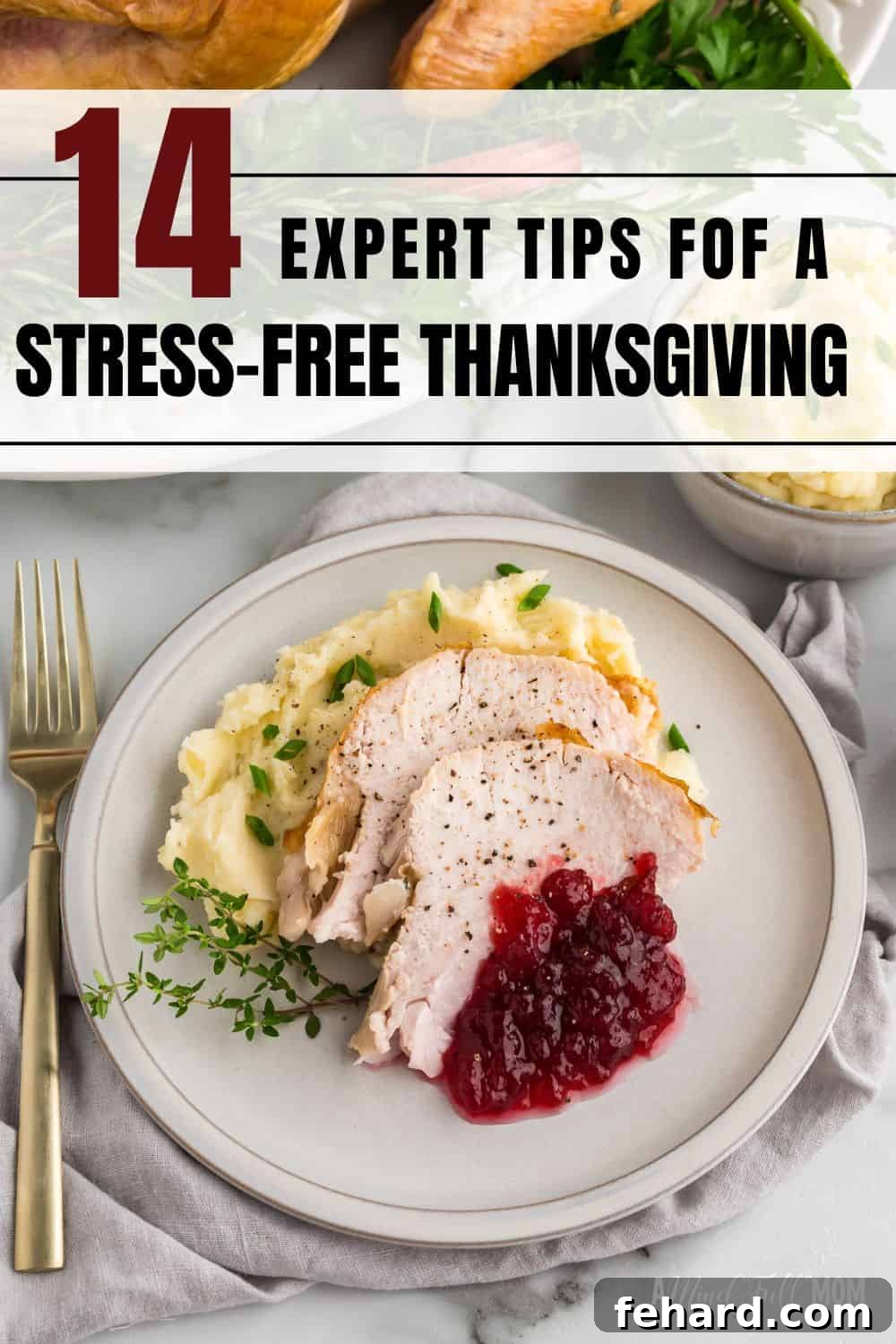 How to Host a Stress-Free Thanksgiving Dinner A perfectly roasted turkey centerpiece surrounded by delicious side dishes like creamy mashed potatoes, vibrant cranberry sauce, and savory stuffing. The image conveys a festive and abundant Thanksgiving feast, highlighting the theme of a stress-free holiday meal.