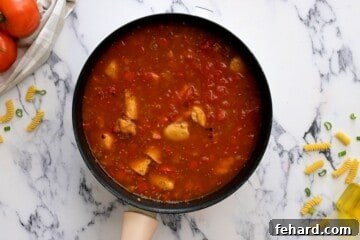 Chicken, broth, and fire-roasted tomatoes simmering.