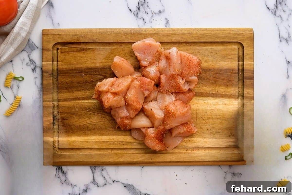 Diced chicken pieces thoroughly coated with vibrant Cajun seasoning on a wooden cutting board, ready for cooking.