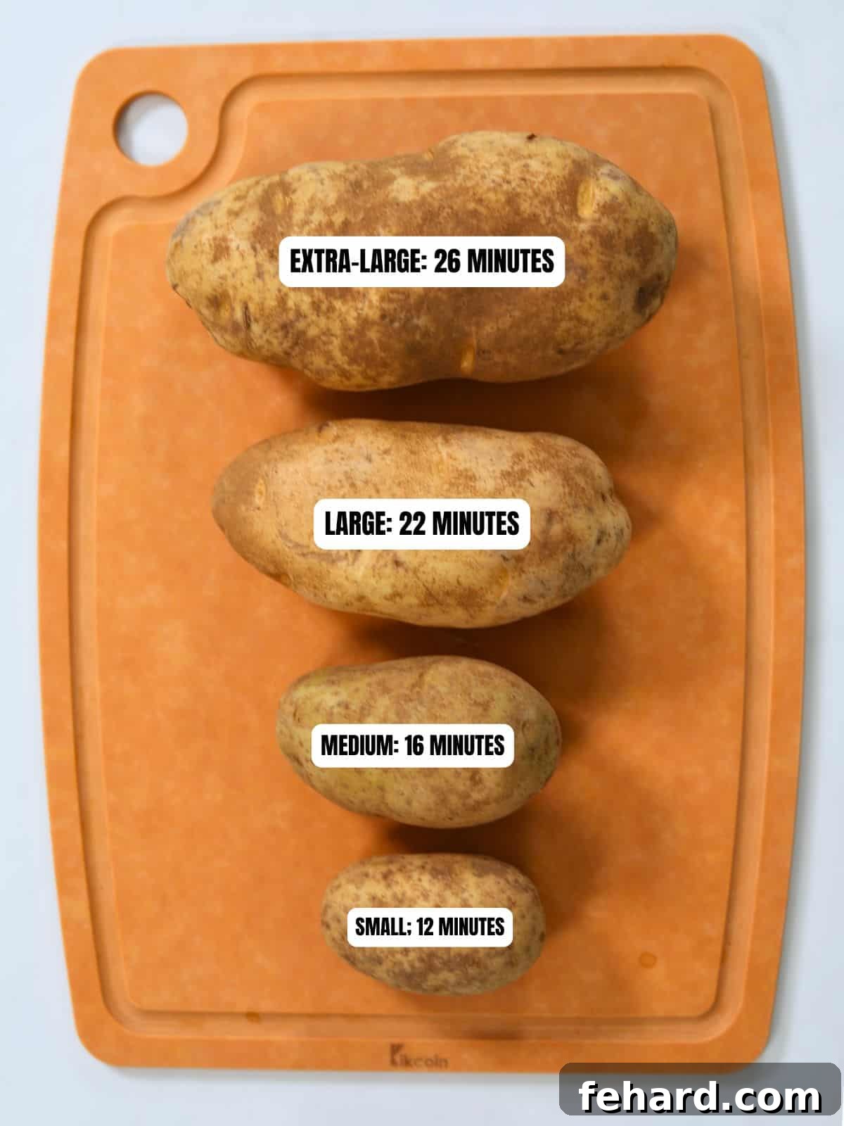 An assortment of four Russet potatoes of varying sizes, from small to extra-large, clearly laid out on a wooden cutting board. Text overlays distinctly indicate the recommended Instant Pot cooking time for each size: Extra Large - 26 minutes, Large - 22 minutes, Medium - 16 minutes, Small - 12 minutes, serving as a helpful visual guide for selecting the correct cooking duration.