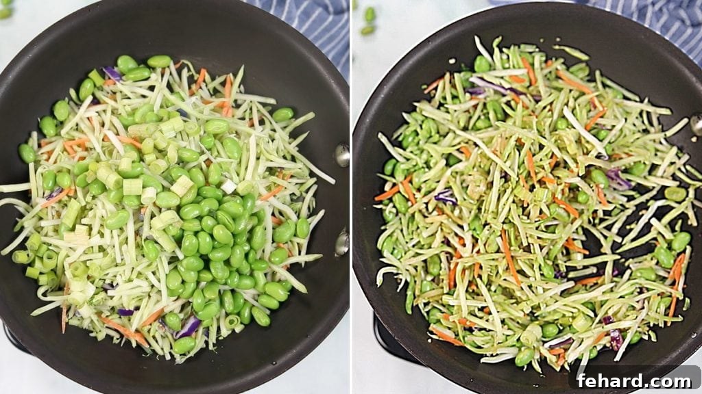 Vegetable Egg Rolls Side-by-side view of a sauté pan filled with the vibrant vegetable egg roll filling.