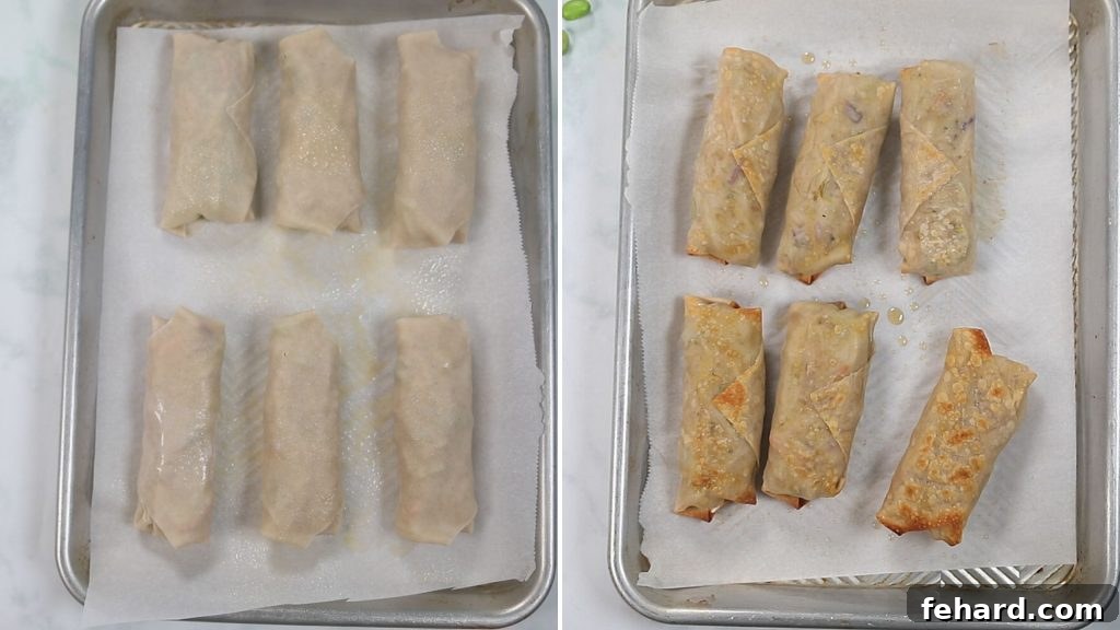 Vegetarian Egg Rolls Side-by-side comparison of unbaked and perfectly baked, golden-brown egg rolls on a baking sheet.