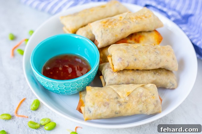 Homemade Egg Rolls A platter of beautifully baked egg rolls ready to be served, accompanied by a small bowl of sweet chili sauce.