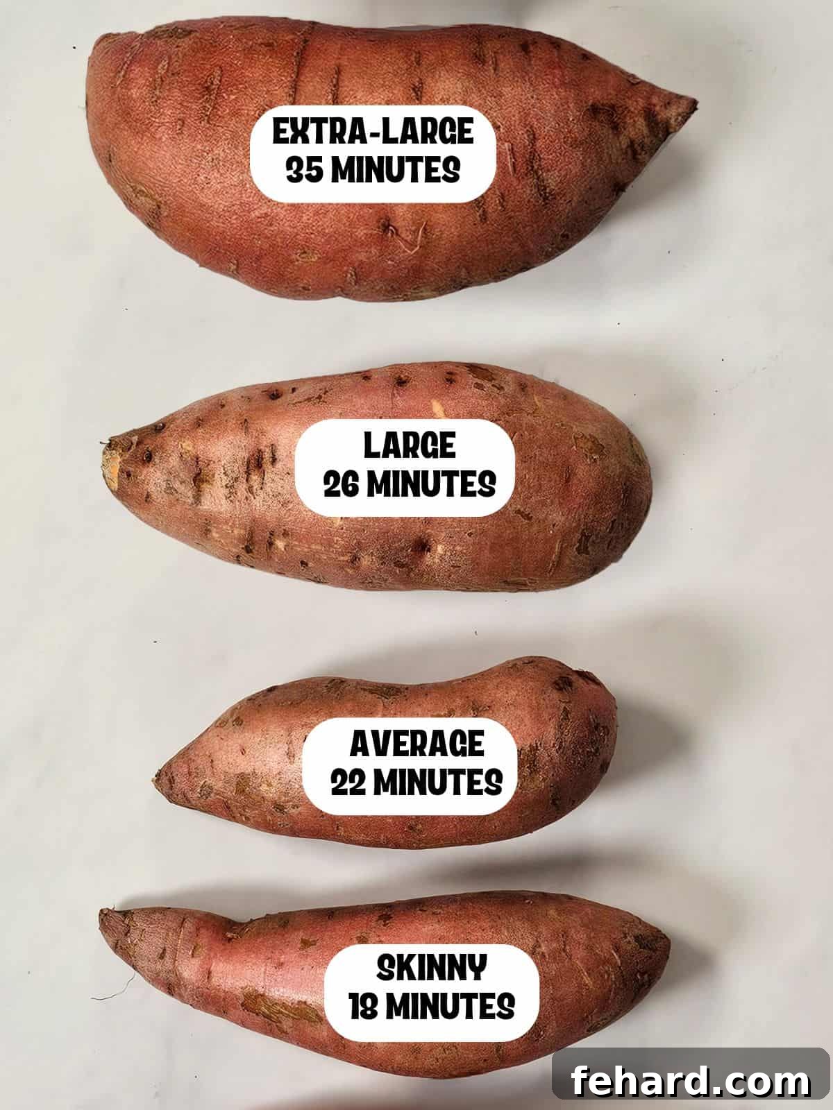 Visual guide showing four different sizes of sweet potatoes, ranging from skinny to extra-large, with recommended Instant Pot cooking times overlayed on each for easy reference.