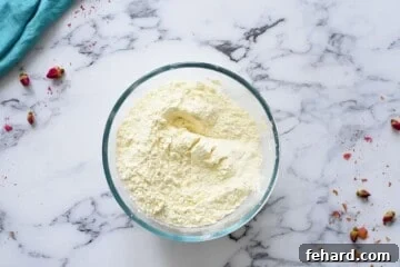 Dry ingredients mixed together in large glass mixing bowl.