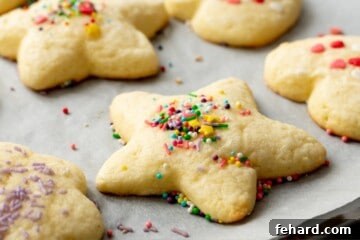 Tray of just baked sugar cookies on baking sheet with sprinkles.
