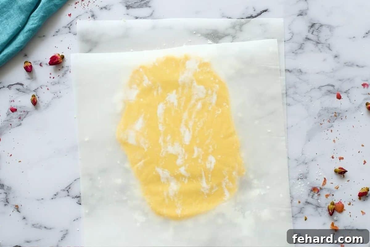 Sugar cookie dough rolled to perfect ¼-inch thickness between two sheets of parchment paper, lightly dusted with powdered sugar.