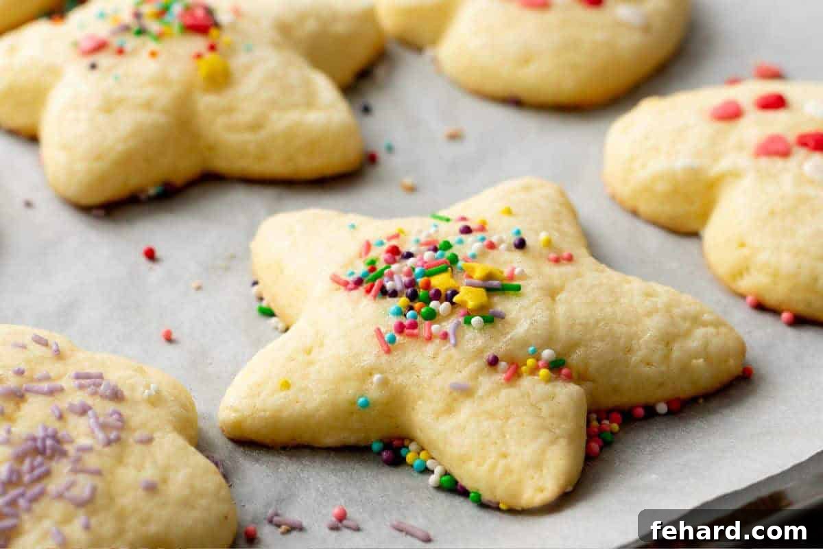 A fresh tray of perfectly baked cut-out sugar cookies, some adorned with sprinkles, resting on a baking sheet.