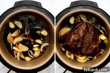 Side by side photo collage showing ingredients for au jus in instant pot before and after adding seared chuck roast.