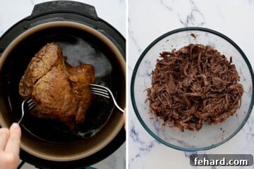 Side by side photo showing removing beef from inner pot and shredded instant pot beef in large mixing bowl.