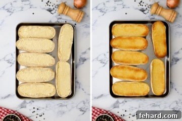 Side by side photo of hoagie buns brushed with softened butter before and after toasting the buns.