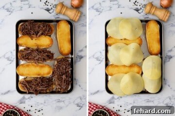 Side by side photos showing layering beef and cheese on toasted buns.