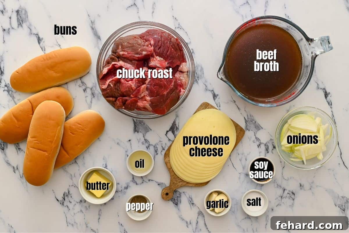 Ingredients for Instant Pot French Dip laid out on a kitchen counter: chuck roast, beef broth, onions, garlic, soy sauce, hoagie buns, and provolone cheese.