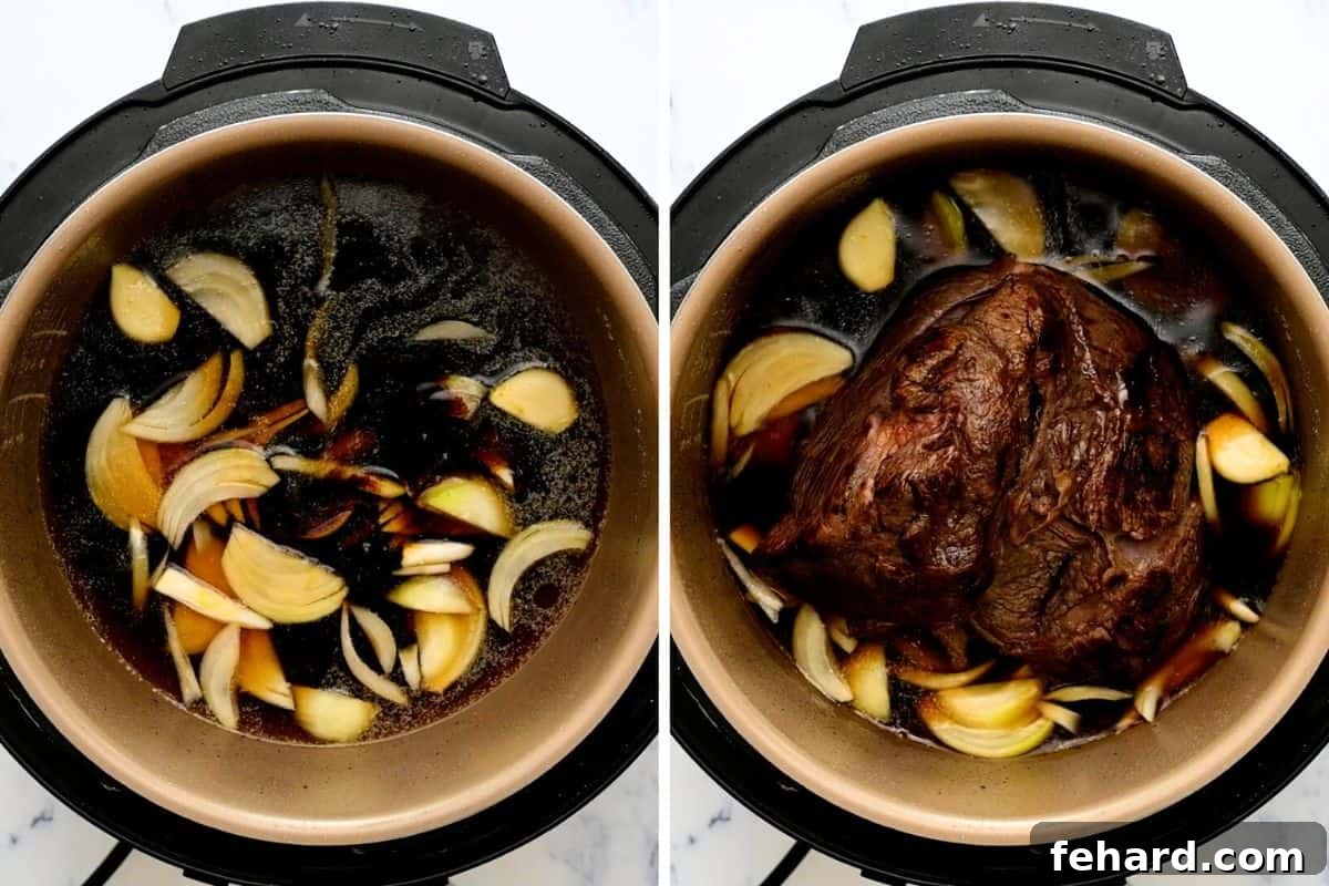 Side-by-side photo collage showing the Instant Pot with au jus ingredients before and after adding the seared chuck roast, ready for pressure cooking.