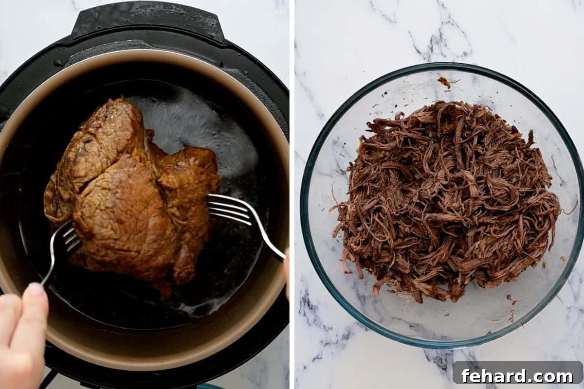 Side-by-side photo showing the removal of the perfectly cooked chuck roast from the Instant Pot and the resulting shredded beef in a large mixing bowl.