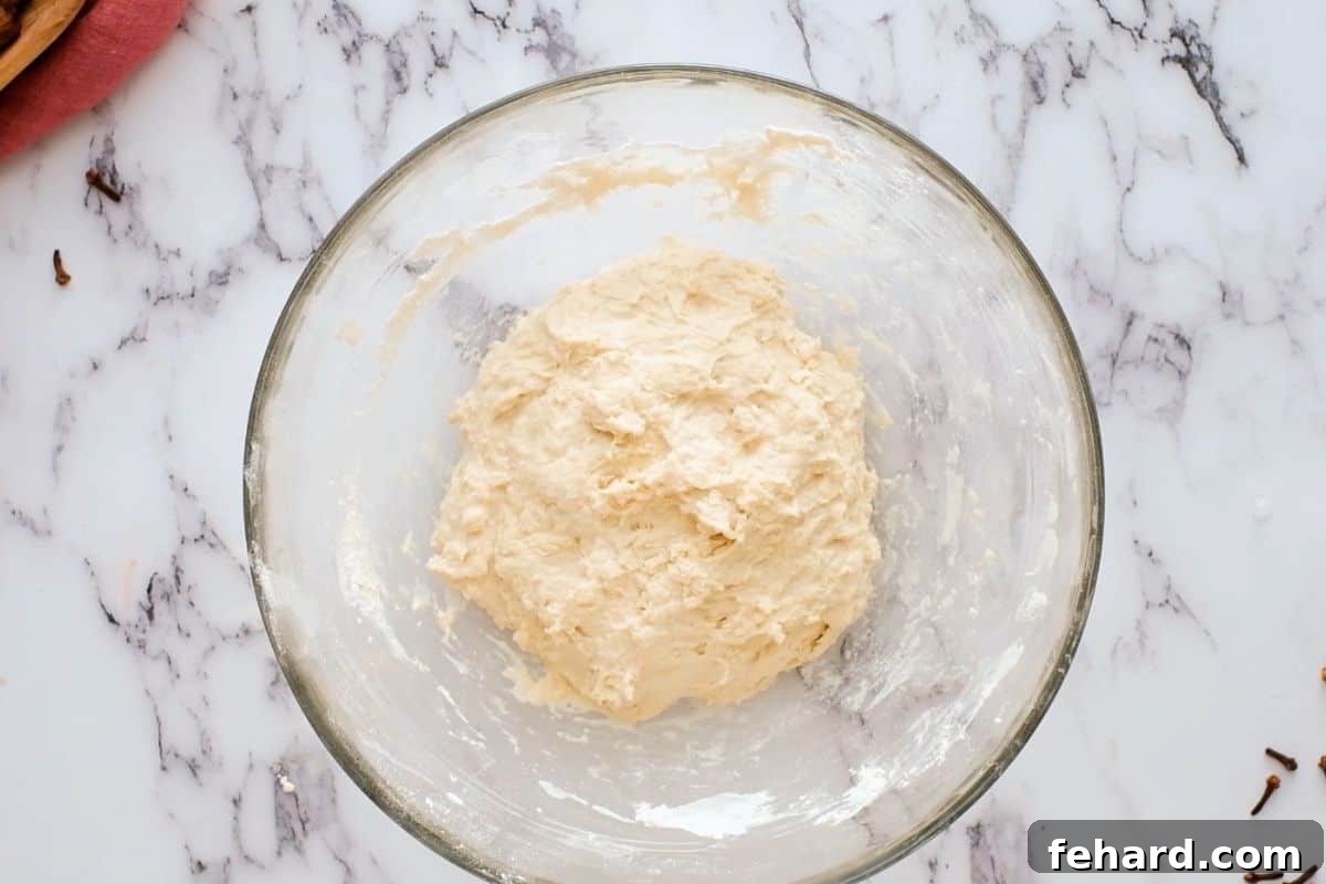 Cinnamon roll dough after kneading in large mixing bowl.