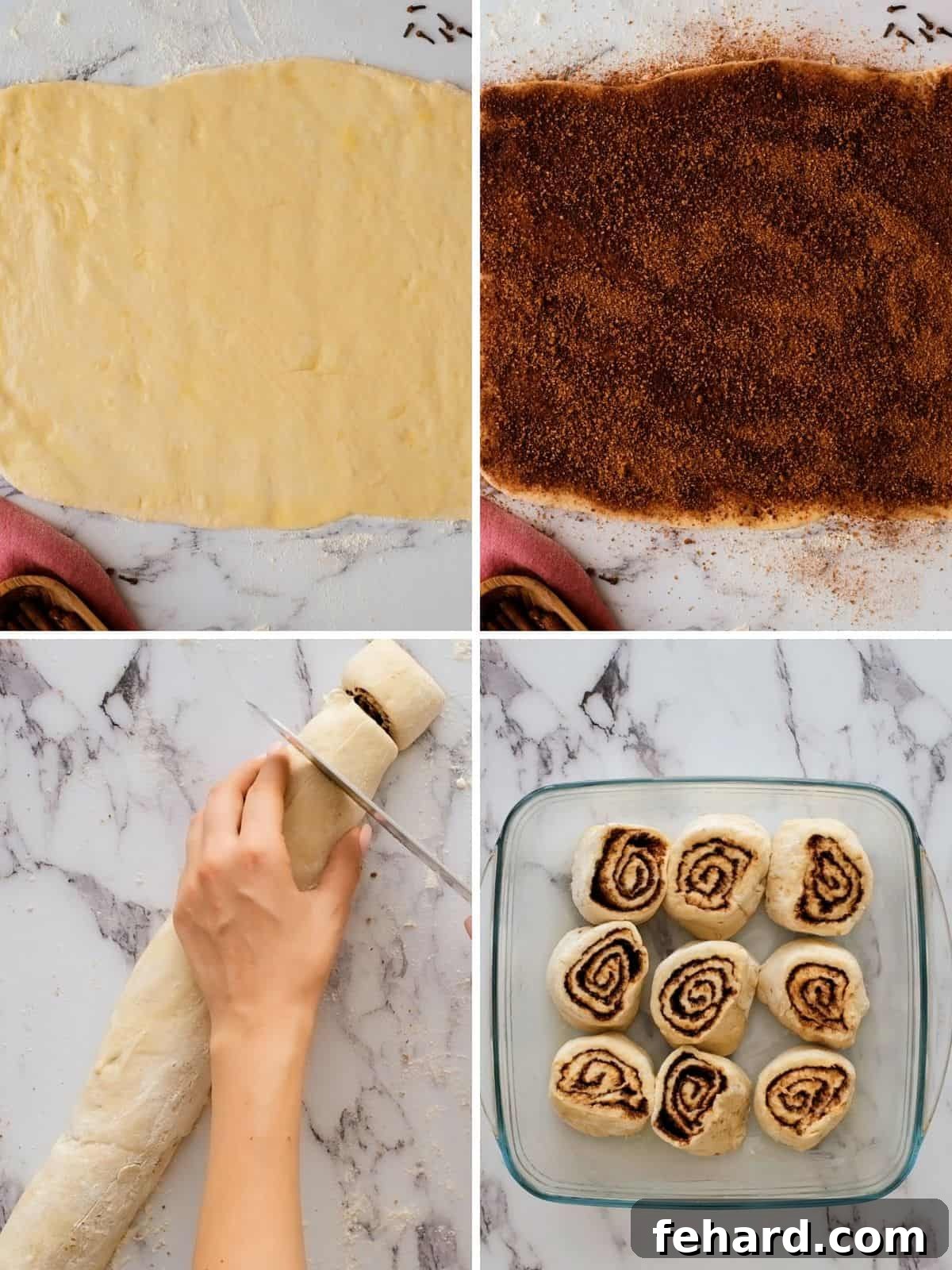 Collage of four photos showing bread dough rolled out to rectangle, topped with cinnamon sugar, and then rolled up in a log, and in baking dish.