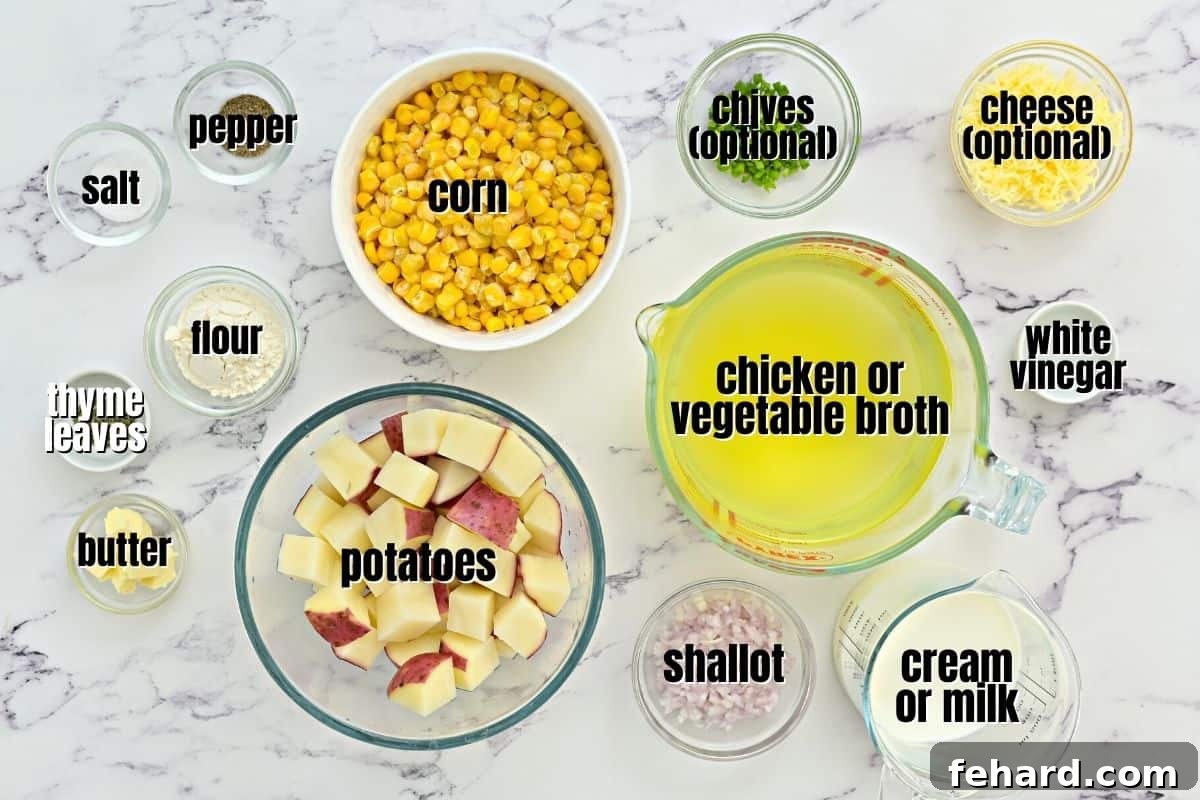 Organized ingredients for potato corn chowder laid out on a kitchen counter, ready for preparation.