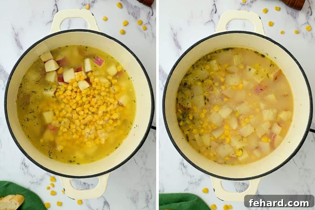 Side-by-side comparison of potato corn chowder, showing the mixture before and after simmering to achieve tender potatoes.