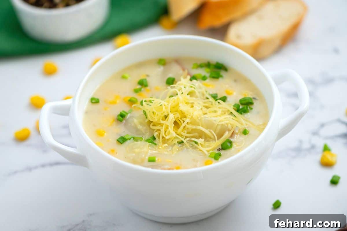 A beautifully presented bowl of Potato Corn Chowder, generously topped with sharp white cheddar cheese and fresh chives, inviting enjoyment.