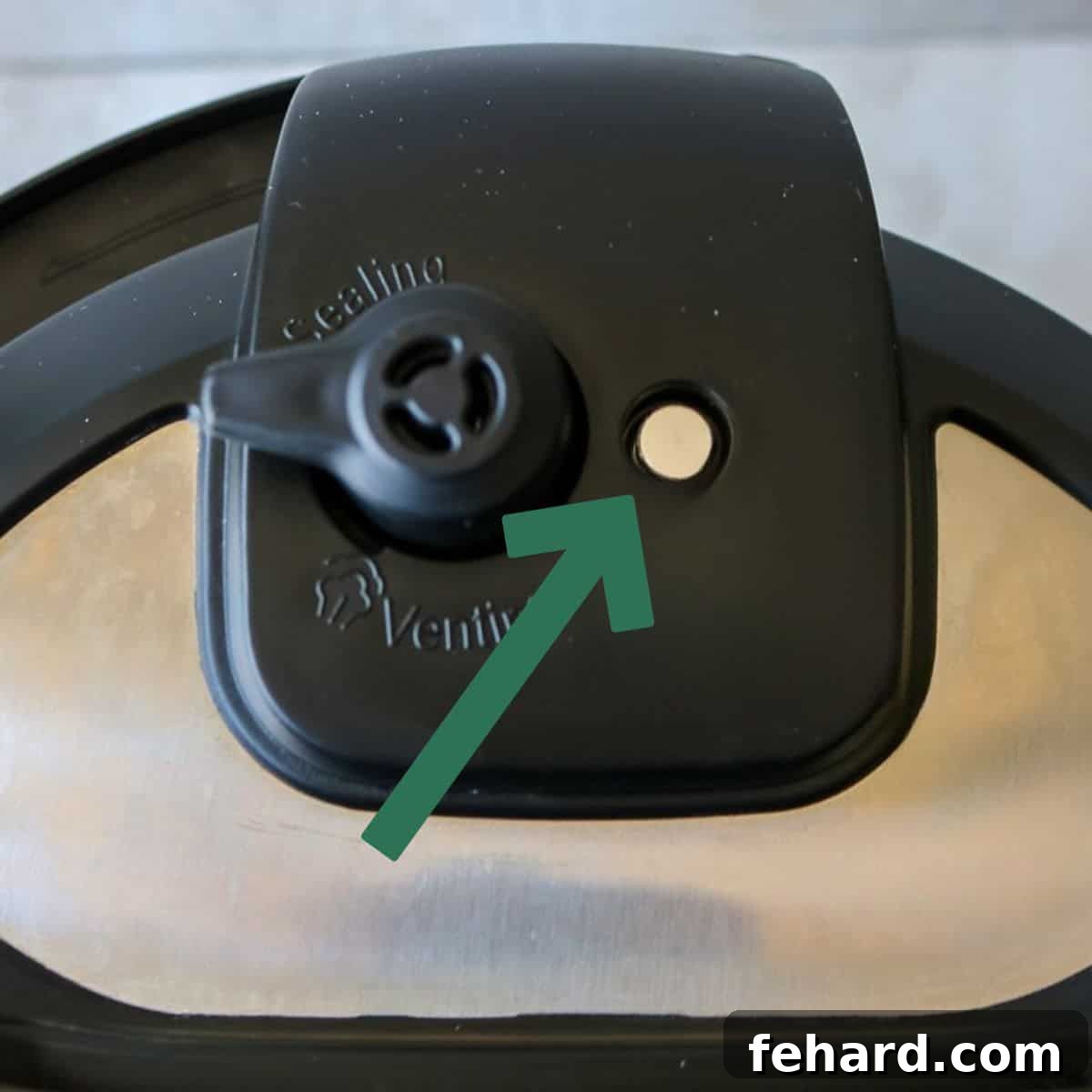 Instant Pot Lid with green arrow pointing float valve that floats up once pressure reached.