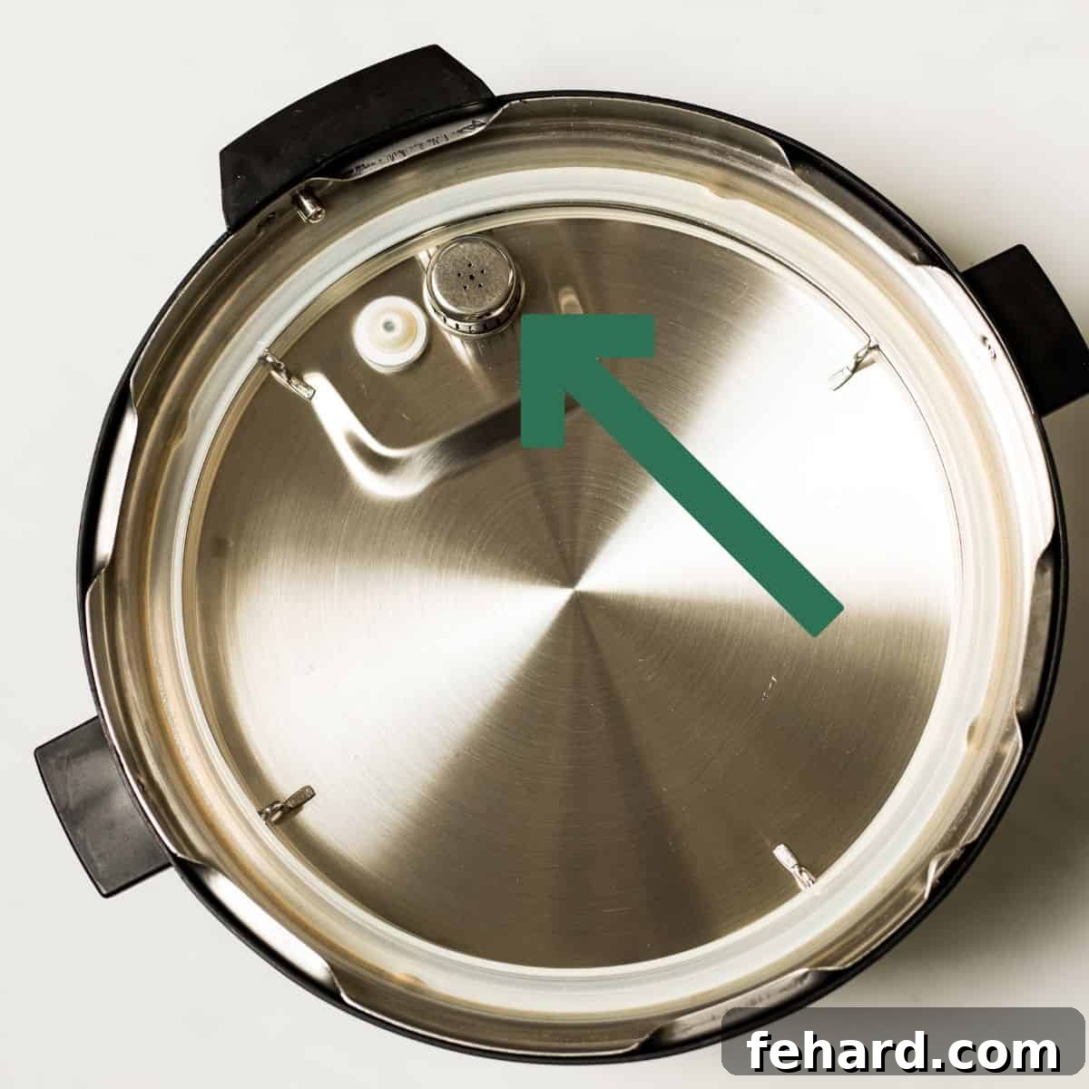 Instant Pot Lid upside down on counter with green arrow pointing to shield.