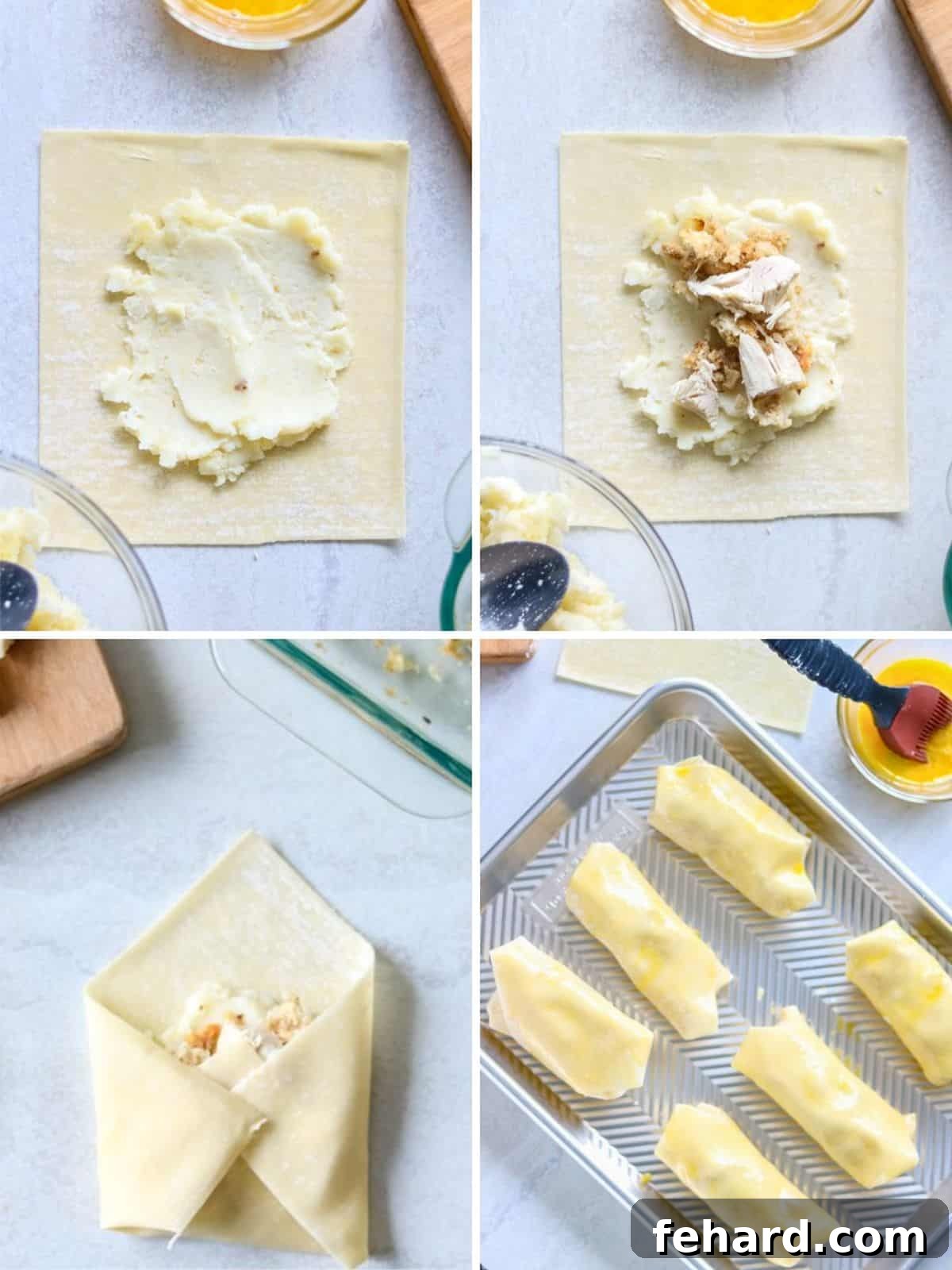 Collage of four photos showing stuffing egg roll wrapper with leftover Thanksgiving foods.