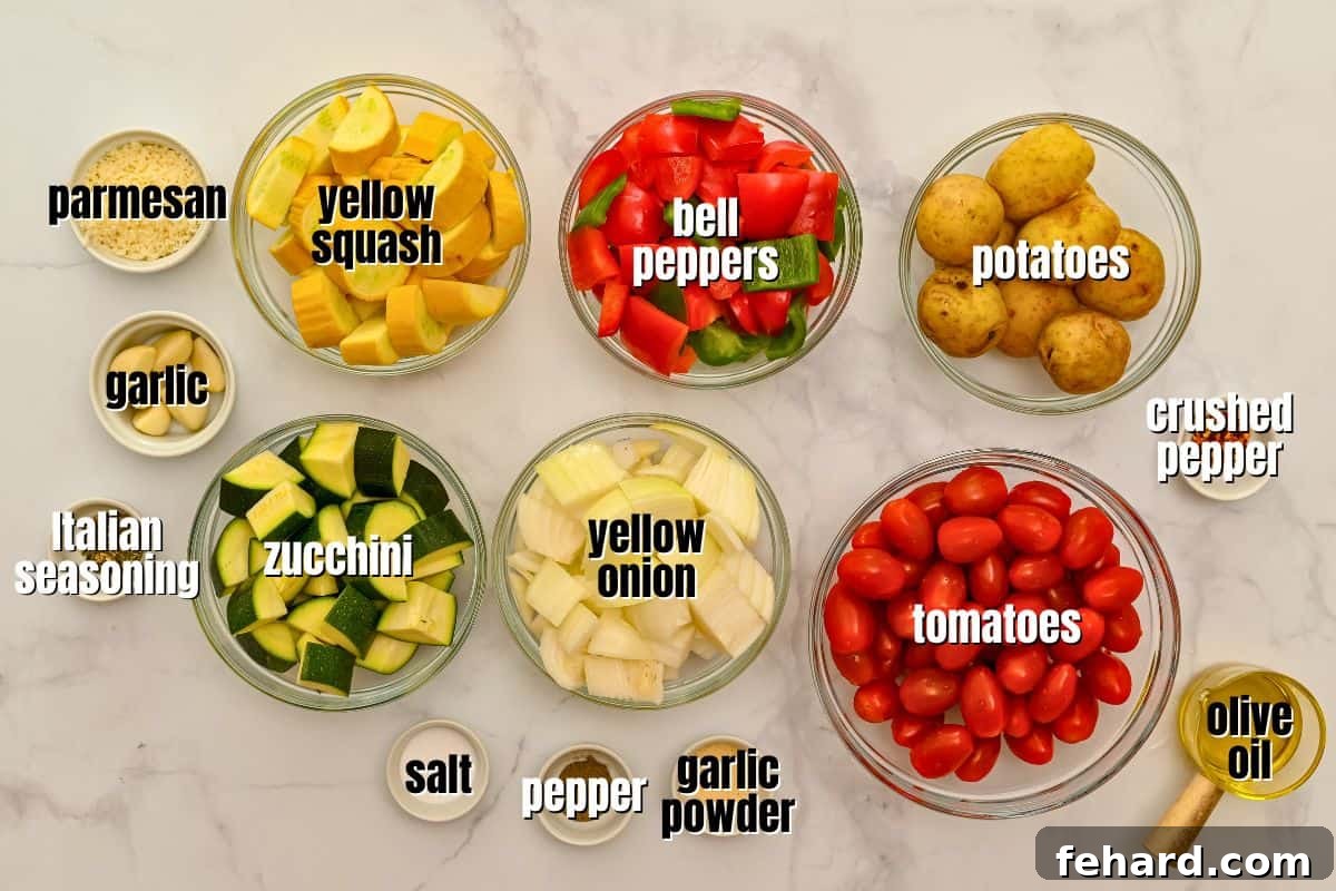 Fresh Ingredients for Italian Roasted Vegetables Labeled fresh ingredients laid out on a kitchen counter, including various potatoes, onions, bell peppers, squash, tomatoes, and seasoning bottles, for making Italian Roasted Vegetables.