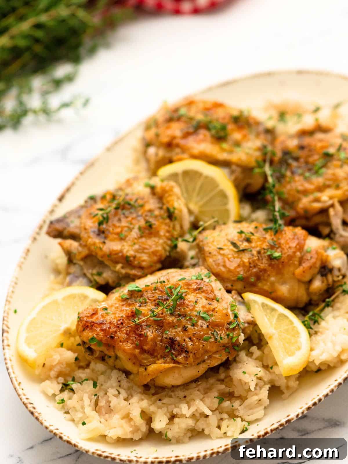Rice and crispy chicken thighs plated on platter and topped with fresh parsley, showcasing a perfectly cooked, wholesome family meal.