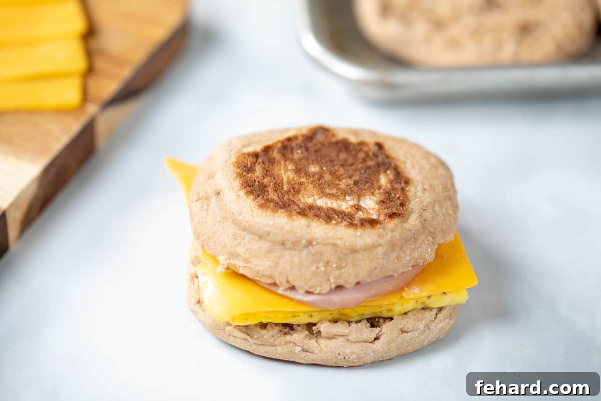 A beautifully assembled Egg, Ham, and Cheese McMuffin sandwich on a kitchen counter, ready to be enjoyed.