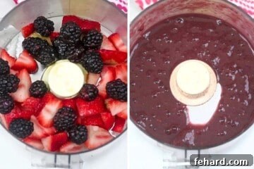Real Fruit Delights: DIY Chewy Strips 4 Side by side photo of food processor showing fruit before and after blending together with honey.