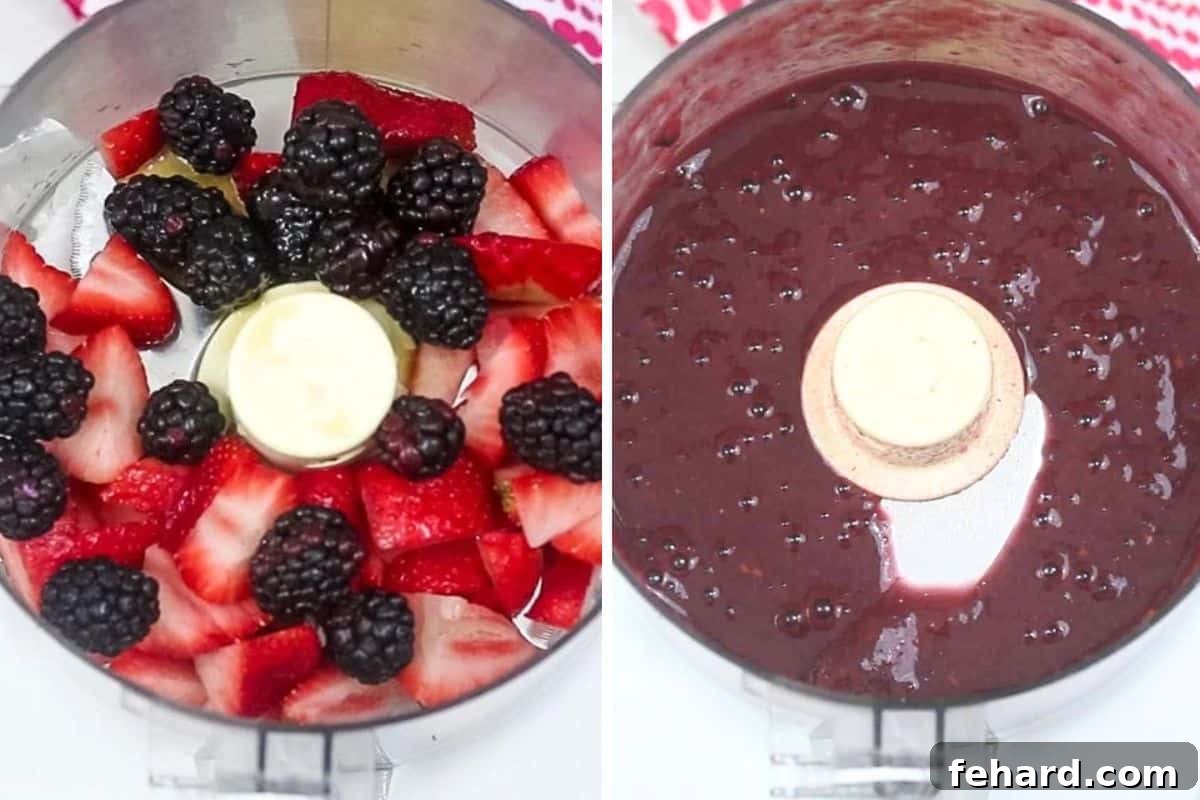 Homemade Fruit Roll-Ups Puree Side-by-side comparison illustrating fruit before and after blending with honey in a food processor, showing the transformation into a smooth puree.