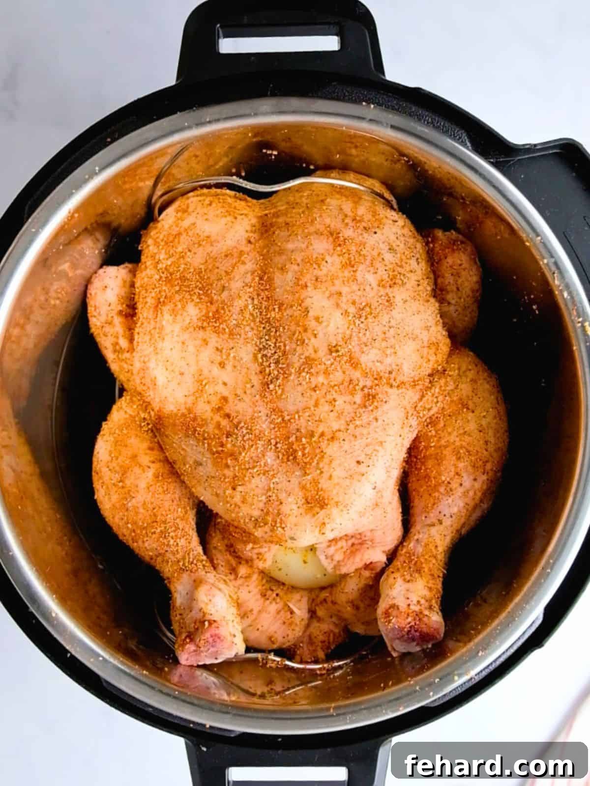 Whole chicken seasoned with rotisserie seasoning inside an Instant Pot on metal trivet.