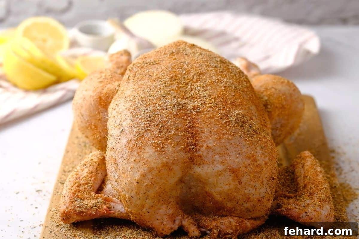 Seasoned whole chicken on cutting board.