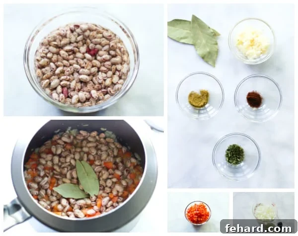 How to Make Beans in a Pressure Cooker Ingredients for pressure cooker beans being added to the pot: olive oil, onions, garlic, and red pepper.